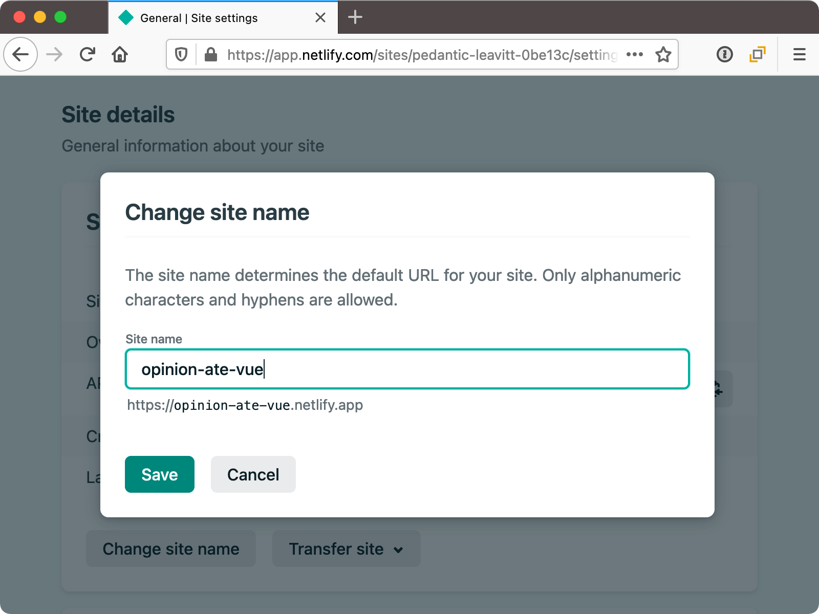 Change Site Name dialog