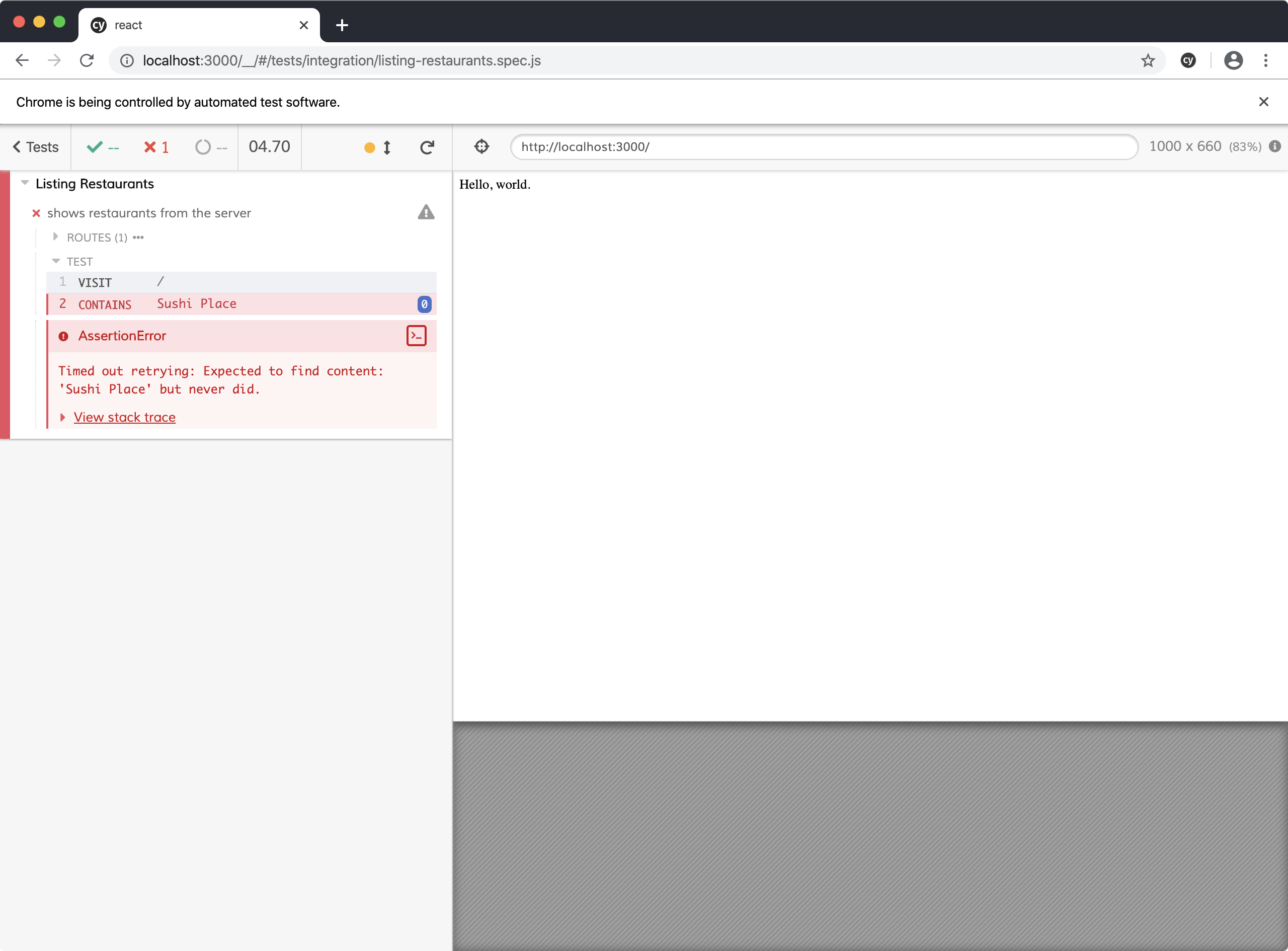 Cypress test failing