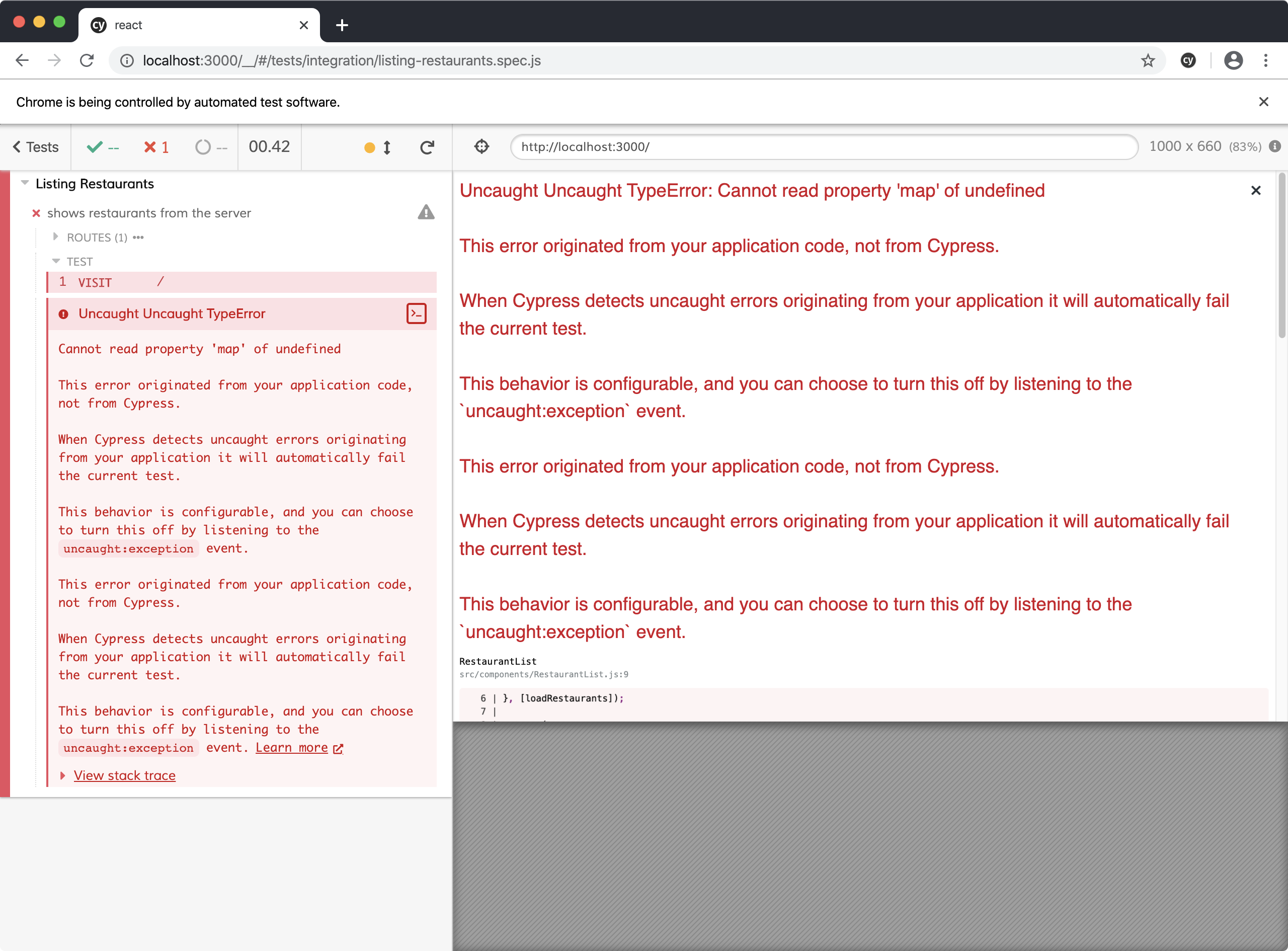 Cypress failing because map is undefined