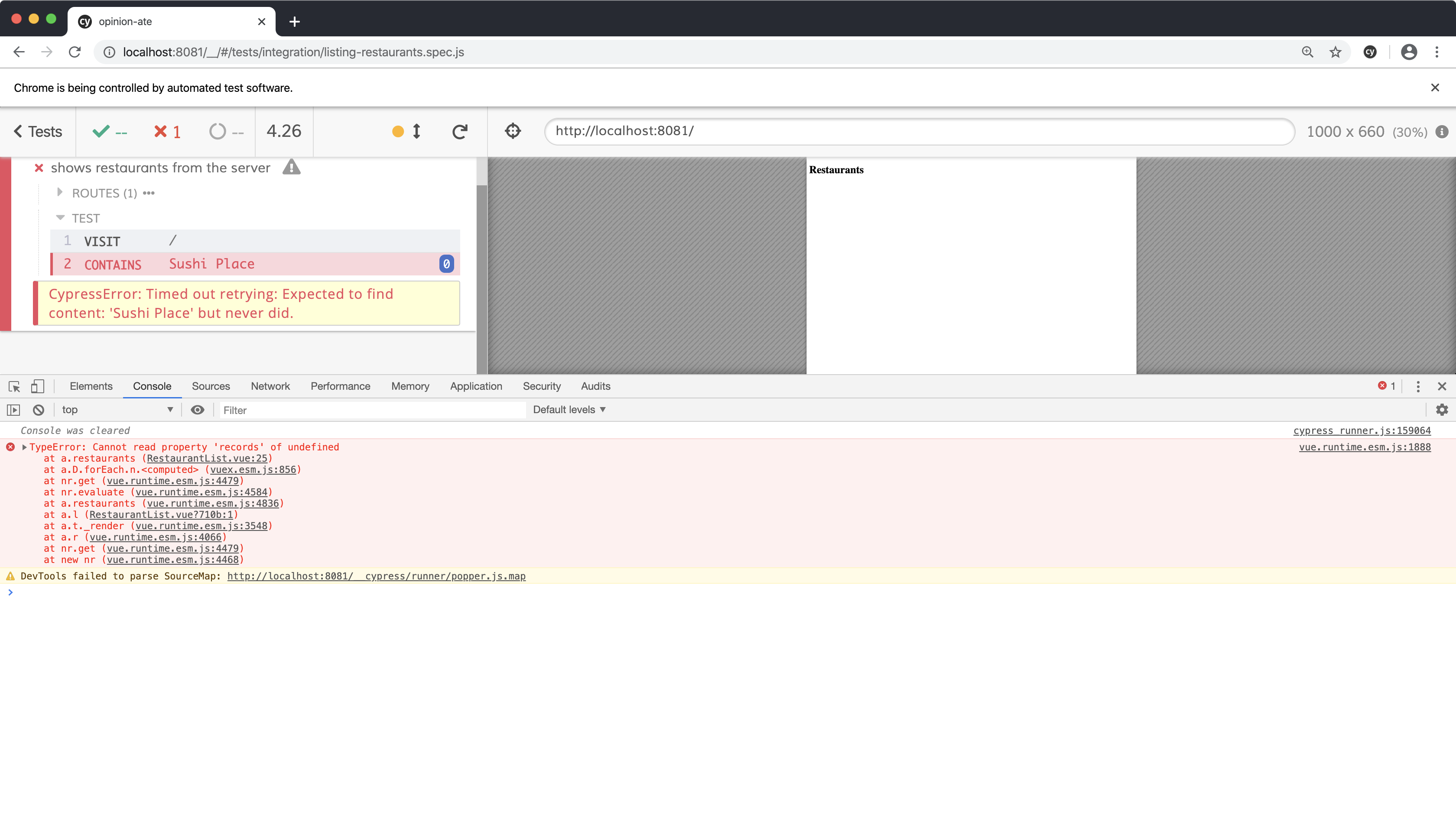 Cypress failing because restaurants is undefined