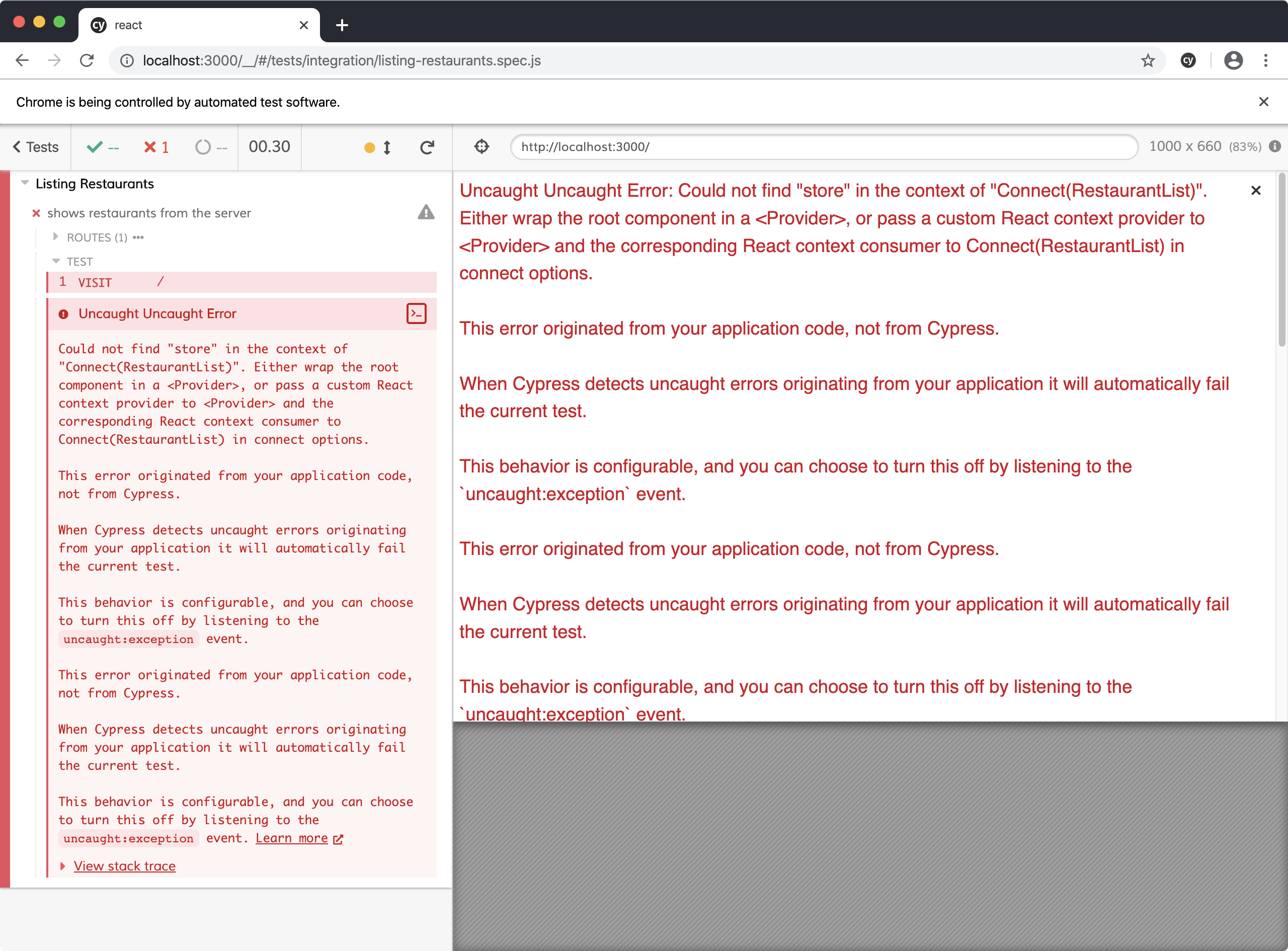 Cypress error that there is no provided store