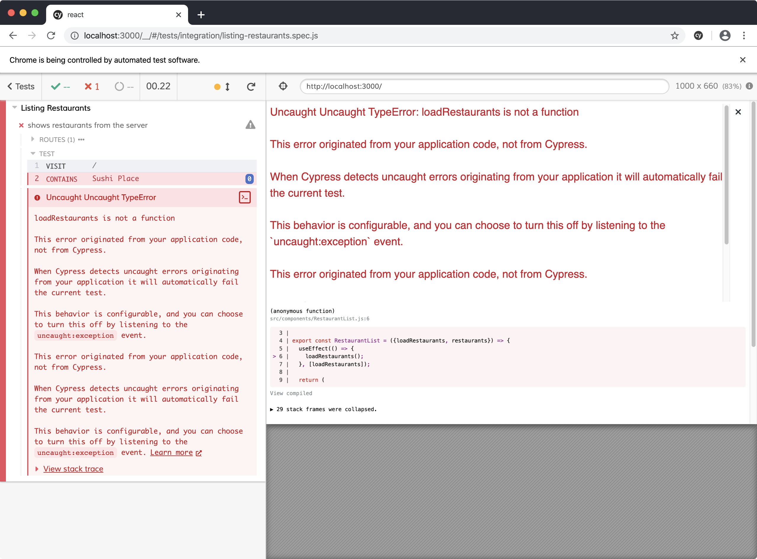Cypress failure that loadRestaurants is not a function