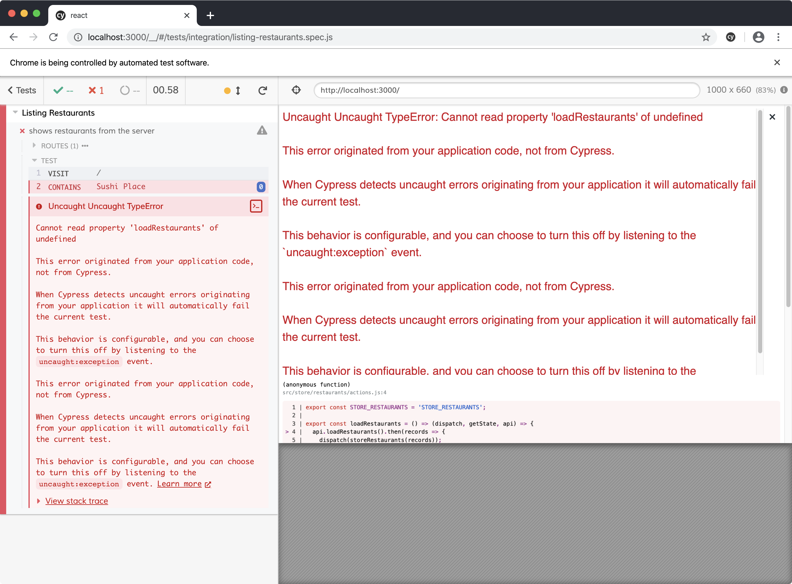 Cypress failure showing loadRestaurants property on undefined